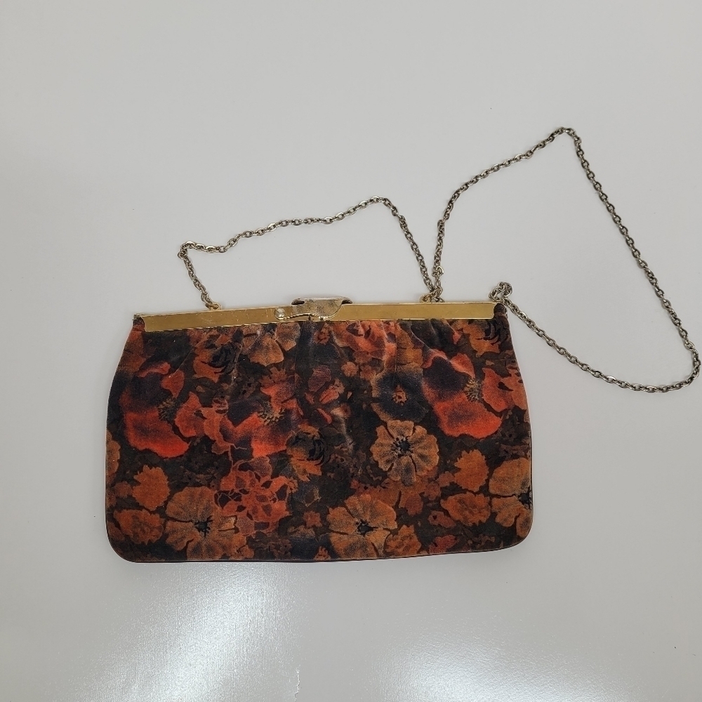 VTG Floral Fabric Unique Opening Bag Clutch Brown Orange Black Flora Gold Strap - Picture 5 of 17
